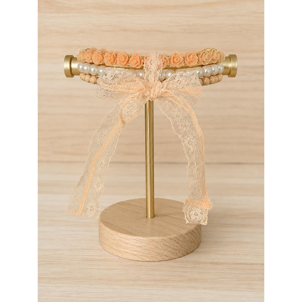 Forever 21 Peach Cream Floral Rose Faux Pearl Bracelet Set Lace Bow NWT